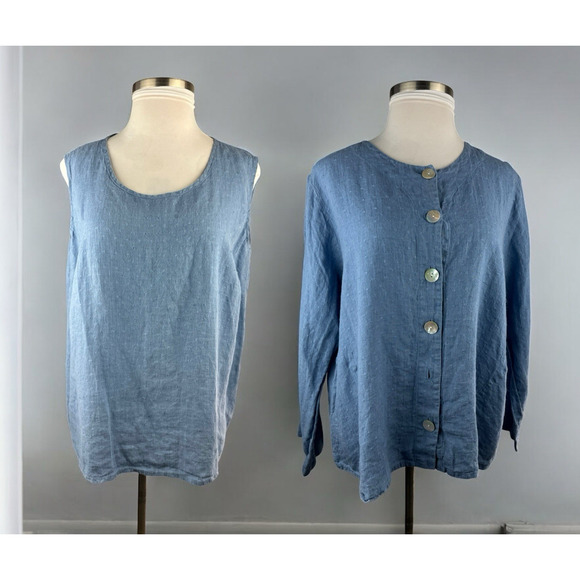 Flax Tops - FLAX 2 Piece Linen Set Jacket & Sleeveless Shirt Blue Lagenlook Plus Size 1G 1X